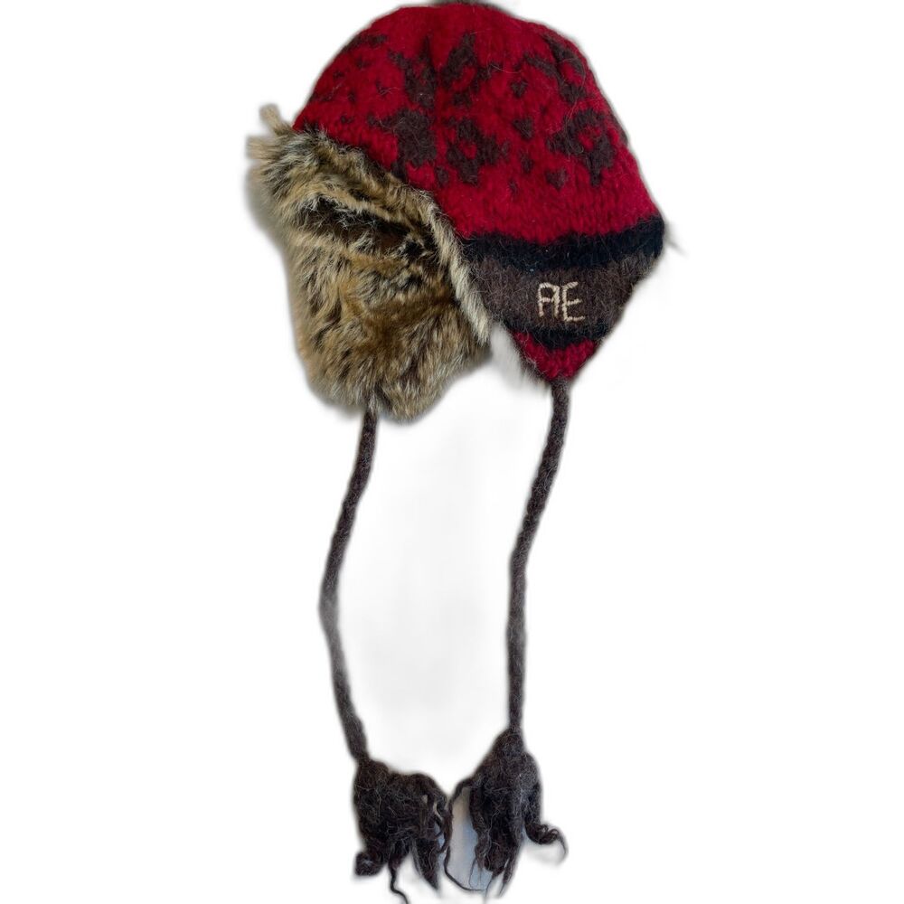 AE American Eagle Trapper Hat Wool & Alpaca Red & Brown Winter One SIZE OSFM